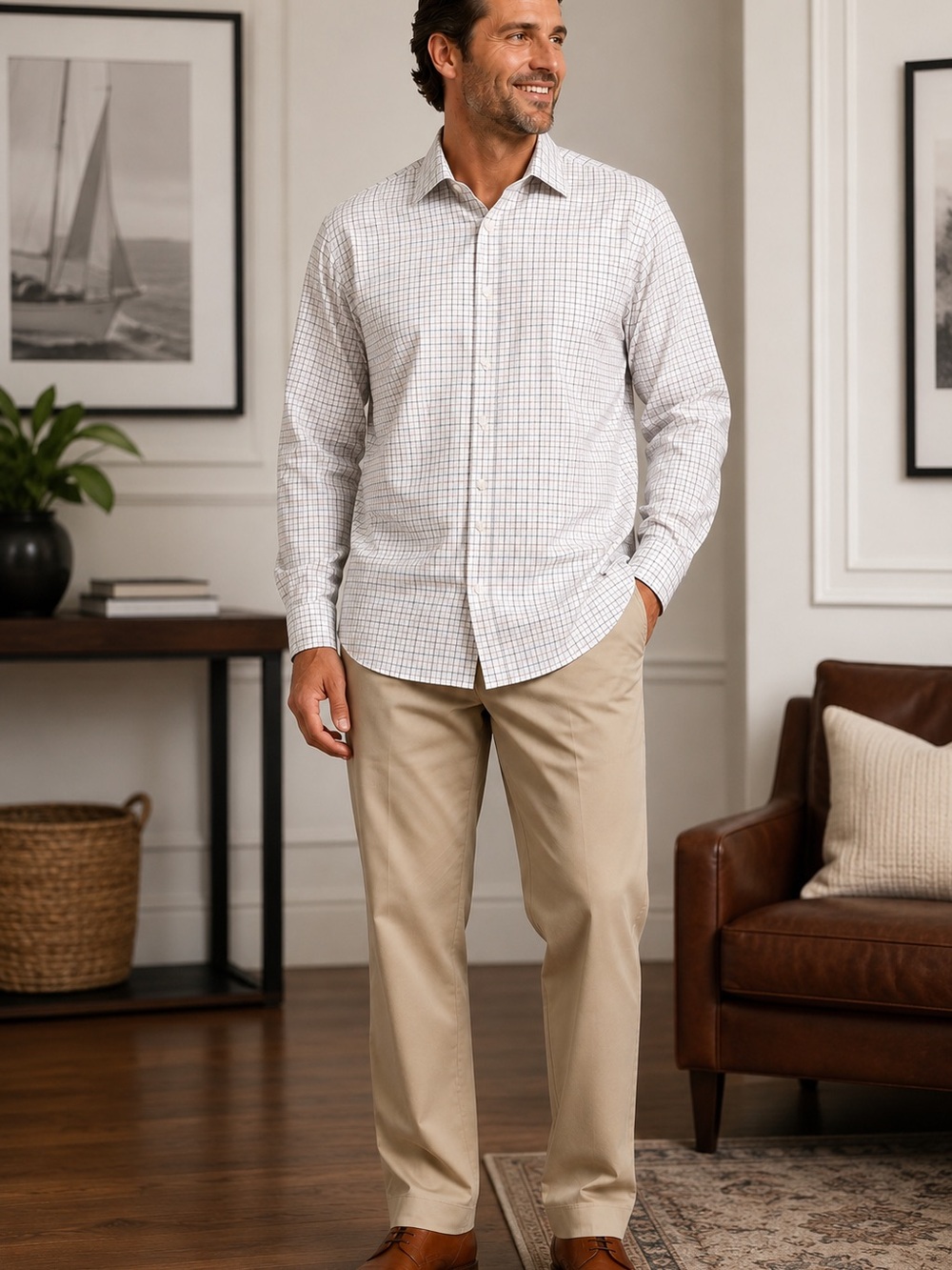 Brooks Brothers White and Light Gray Windowpane Dress Shirt